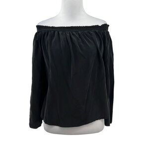 Jay Godfrey Blouse Womens 0 Black Silk Smock Off The Shoulder Bell Flare Sleeve‎